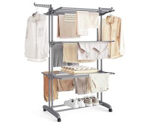 SONGMICS Tendedero de 4 Niveles, con Ruedas, Alas Plegables | 126,6 x 64,2 x 169,2 cm, Gran Capacidad, Montaje Fácil, Uso Interior y Exterior, Gris, Colección BUNJI LLR701G01