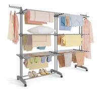 SONGMICS Tendedero de 4 Niveles, Extensible, alas Plegables, con Ruedas, 63,5 x 131 - 200 x 177,5 cm, Grande, fácil Montaje, Color Gris tórtola LLR704G01