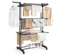 SONGMICS Tendedero Plegable de 4 Niveles, con Ruedas, Alas Plegables | 126,6 x 64,2 x 169,2 cm, Gran Capacidad, Montaje Fácil, Uso Interior y Exterior, Negro, Colección BUNJI LLR701B01