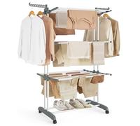 SONGMICS Tendedero Plegable de 4 Niveles, con Ruedas, Alas Plegables | 126,6 x 64,2 x 169,2 cm, Gran Capacidad, Montaje Fácil, Uso Interior y Exterior, Blanco y Gris, Colección BUNJI LLR701W01