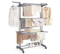 SONGMICS Tendedero Plegable de 4 Niveles, con Ruedas, Alas Plegables | 126,6 x 64,2 x 169,2 cm, Gran Capacidad, Montaje Fácil, Uso Interior y Exterior, Gris, Colección BUNJI LLR701G01