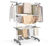 SONGMICS Tendedero Plegable de 4 Niveles, con Ruedas, Alas Plegables, 63,5 x 125,5 x 173 cm, Gran Capacidad, Montaje Fácil, Uso Interior y Exterior, Blanco Nube y Gris Paloma LLR703WZ02
