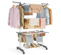 SONGMICS Tendedero, Plegable de 4 Niveles, Móvil, con Ruedas, Alas Plegables, 63,5 x 128 x 173 cm, Gran Capacidad, Montaje Fácil, Uso Interior y Exterior, Blanco LLR701W01