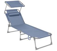 SONGMICS - Tumbona Plegable, 193 x 53 x 29 cm, Capacidad de 150 kg, con Parasol, reposacabezas, Respaldo Ajustable, para jardín, Piscina, terraza, Azul GCB192Q01