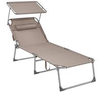 SONGMICS - Tumbona Plegable, Tumbona, 200 x 71 x 38 cm, Capacidad de Carga 150 kg, con Parasol y Respaldo reclinable, para jardín, Piscina, terraza, Color Topo GCB022K01