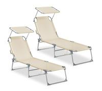 SONGMICS Tumbonas Plegables, 189 x 53 x 28,5 cm, Juego de 2 Tumbonas para Jardín, Cada Una con Carga 110 kg, con Parasol y Respaldo Ajustables, para Terraza y Balcón, Beige GCB294WZ02