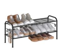 SONGMICS Zapatero, Estante Metálico de 2 Niveles, para 10 Pares | Organizador Zapatos, Altura Ajustable, con 4 Ganchos Laterales, Fácil Montaje, Negro Mate, Colección DAVIAN LMR128B01