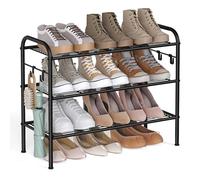 SONGMICS Zapatero, Estante Metálico de 3 Niveles, para 12 Pares | Organizador Zapatos, Altura Ajustable, con 4 Ganchos Laterales, Fácil Montaje, Negro mate, Colección DAVIAN LMR068B01