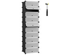 SONGMICS Zapatero Modular con 10 Compartimentos, Estantería Modular de Plástico, DIY, Zapatero con Puerta, con Martillo, Negro LPC10HV1