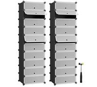 SONGMICS Zapatero Modular con 10 Compartimentos, Juego de 2, Estantería Modular de Plástico, DIY, Zapatero con Puerta, con Martillo, Negro LPC010B02