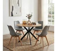 Songvas Set de Mesa y Sillas de Comedor, Mesa Redonda 100cm con 4 Sillas Gris Estilo Escandinavo, Conjunto para Cocina, Salón o Comedor, Medidas: Mesa 100x100x75 cm, Sillas 56×46×82 cm