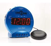 Sonic Alert Sonic Bomb - Reloj despertador dual con agitador de cama, reloj despertador vibrador azul, durmientes pesados, batería de respaldo | Despierta con un batido