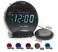 Sonic Alert Sonic Bomb - Reloj despertador dual con agitador de cama, reloj despertador vibrador negro, durmientes pesados, batería de respaldo | Despierta con un batido