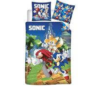 Sonic Tails Knuckles Funda Nórdica Cama 90 140x200 + Funda Almohada 65x65 | Ropa de cama reversible individual | Trío a toda velocidad por Green Hill | Licencia SEGA oficial | Niño
