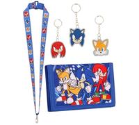 Sonic The Hedgehog Cartera para Niños, Juego de 3 Llaveros y Cordón, Cartera de Lona con Monedero con Cremallera y Ranuras para Tarjetas de Crédito con Colas y Nudillos, Azul, Casual, turquesa, Casual
