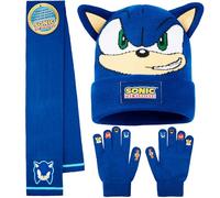 Sonic The Hedgehog Conjunto Bufanda Gorro y Guantes Niño, Accesorios de Invierno Cálido para Fans, Regalo para Gamers (Azul Sonic 3 Pcs)