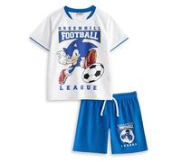 Sonic The Hedgehog el equipo de la liga de fútbol Greenhill Boys | Top blanco y pantalones cortos azules | Conjunto de fútbol de manga corta | Ropa deportiva con gráfico Sonic | Mercancía sónica