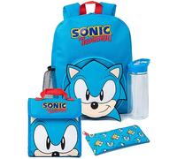 Sonic The Hedgehog Juego de Mochila para niños | Juego de Mochila Azul de 4 Piezas con Bolsa Escolar, Estuche, Bolsa de Almuerzo y Botella de Agua | Sonic Gamer Paquete Completo a Juego | Regalos de