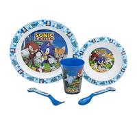 Sonic The Hedgehog - Juego de vajilla de personajes de dibujos animados de 5 piezas, plato, tazón, taza y cubiertos, plástico reutilizable sin BPA, apto para microondas, incluye juego de 12 lápices de