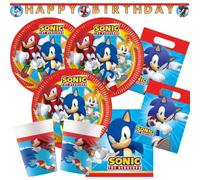 Sonic the Hedgehog - Kit de fiesta con guirnalda y bolsas de fiesta para 8 | Platos de papel, vasos de papel, servilletas, guirnaldas, bolsas de fiesta para cumpleaños infantiles