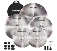 SONICAKE Juego de platillos de bajo volumen 14" HiHat+16" Crash+18" Crash+20" Ride Cymbal Set Plata 5 piezas con bolsa de cadera y accesorio