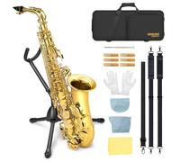 SONICAKE Saxofón Alto Mi bemol Barnizado en Oro, Kit completo para principiantes con estuche, boquilla, cañas, soporte y accesorios QSX-01