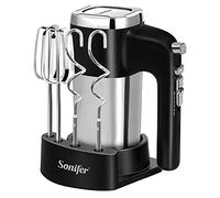 Sonifer Batidora de mano de acero inoxidable de 500 W, batidora eléctrica, batidora manual, 5 niveles más nivel turbo, diseño de botón de expulsión, apto para lavavajillas, 2 ganchos para amasar, 2