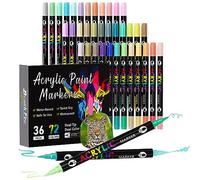 Sonlaryin Rotuladores Acrilicos 72 Colores 36 Piezas, Rotuladores de Pintura Acrílica Doble Punta con Fina y Pincel, Rotuladores para Roca, Cristal, Cerámica, Plastico, Tela, Metal