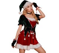 Sonnena Conjunto de disfraz de elfo para mujers, traje de cosplay de Navidad, traje de Navidad, vestido de manga larga con cinturón y sombrero, disfraz de elfos
