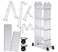 Sonnewelt Escalera multiusos de aluminio de 4 x 4 niveles, escalera multifunción de 4,7 m con plataforma, escalera con 2 placas de andamio, escalera de hasta 150 kg, escalera plegable de 16 peldaños