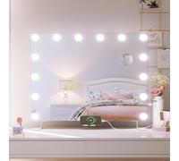 SONNI Hollywood Espejo de maquillaje de 80 x 60 cm, con soporte para teléfono móvil y puerto de carga USB, 14 LEDs, espejo de maquillaje grande con 3 temperaturas de color y aumento de 10x, protección