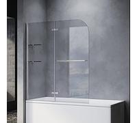 SONNI Mampara Bañera Plegable NANO 120 x 140 cm Cristal Templado 6mm Mamparas de Bañera Abatible 2 Hojas con Estantería y Toallero