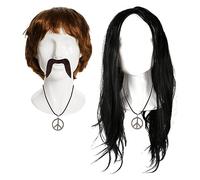 Sonny & Cher - Juego de accesorios para adultos, peluca corta marrón, peluca larga negra, bigote adhesivo y 2 collares hippie, perfecto para parejas, disfraces musicales de los años 60/70