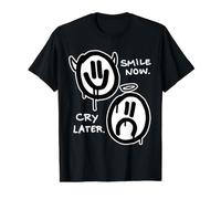 Sonríe Ahora Llora Más Tarde Ángel Diablo Triste Caras Felices Graffiti Camiseta gráfica económica, Hombre, Negro, XL