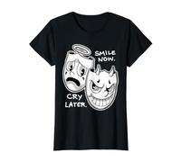 Sonríe Ahora Llorar Más Tarde Ángel Diablo Feliz Triste Vintage Cartoon Camiseta gráfica económica, Mujer, Negro, L