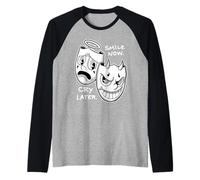 Sonríe Ahora Llorar Más Tarde Ángel Diablo Feliz Triste Vintage Cartoon Camiseta Manga Raglan