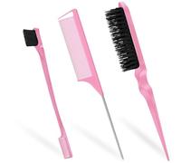 Soodyoow Cepillo 3 en 1 liso para espalda y borde, cepillo para peinar la espalda y burlar, peine de cola de rata para peluquería, mujeres y niños, color rosa
