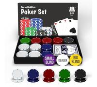 Soom Games Set de Juego de Poker con 110 Fichas Poker - Poker para 2-4 Jugadores - Naipes, Botón de Dealer, Big Blind y Small Blind - Set Poker Completo - Texas Hold Em Poker Set