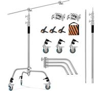 Soonpho Soporte C de acero inoxidable resistente de 3 m con trípode de 330 cm y 130 cm de brazo de sujeción, 4 cabezales de agarre ajustables, trípode de luz, para softbox, estudio de grabación,