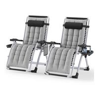 Soontrans 2pcs Tumbonas Jardin Exterior con Cojín, Tumbona Plegable con Portavasos y Reposacabezas ExtraíBle,Respaldo Ajustable, Silla Reclinable para Playa y Jardín y Camping (Gris Claro)