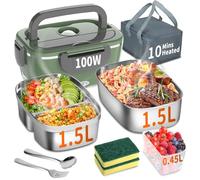 SOOOEC Fiambrera eléctrica de 100 W, 3 en 1, portátil, fiambrera de acero inoxidable extraíble, 12 V/24 V/220 V, para coche/camión/oficina, con bolsa aislante y esponja (Verde, 1.5 L)