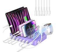 SOOPII Estación de Carga USB de 6 Puertos y 50W para Varios Dispositivos, 6 Cables de Carga Cortos y un Soporte de Carga Mejorado para i-Watch incluidos, para teléfonos, tabletas y Otros, púrpura