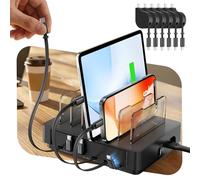 SooPii HomeHub H1 Estación de Carga 60W para Varios Dispositivos, Negro | Cargador Rápido 6 Puertos, Cables Retráctiles (4*C+2*iP), Organizador Anti-enredos para iPhone 17/16, Samsung, Tablet