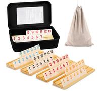 Soopotay Juego de rummy para 4 jugadores, 106 azulejos de melamina, 4 soportes de madera, funda portátil de alta calidad, bolsa con cordón, juegos de mesa para adultos/viajes, rellenos de cesta de