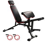 Soozier Banco de pesas ajustable 660LBS con reposacabezas extendido | Con ruedas, extensión de piernas, cojín preacher curl, bandas de resistencia, inclinación plana, gimnasio en casa.