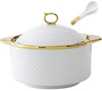 Sopera Grande De Cerámica Blanca con Tapa De Cristal, Elegante Cuenco De Porcelana con Borde Dorado, Ideal para La Decoración De Cocinas Domésticas Y Restaurantes, One Color 2.2L/2QT