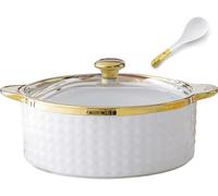 Sopera Grande De Cerámica Blanca con Tapa De Cristal, Elegante Cuenco De Porcelana con Borde Dorado, Ideal para La Decoración De Cocinas Domésticas Y Restaurantes, One Color 1.8L/1.6QT