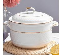 Sopera pequeña de cobre blanco, porcelana, con tapa y cuchara. Cacerola redonda gran capacidad(Gold,2.3Quarts)
