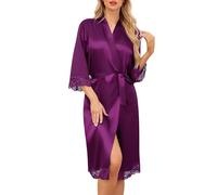 Sopesil Batas de Satín para Mujer Encaje Kimono Bata de Novia Largo Boda Ligera Batas Matutinas Suave Fiesta Lujosa Cuello en V, Morado oscuro, S
