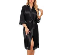 Sopesil Batas de Satín para Mujer Encaje Kimono Bata de Novia Largo Boda Ligera Batas Matutinas Suave Fiesta Lujosa Cuello en V, Negro, S